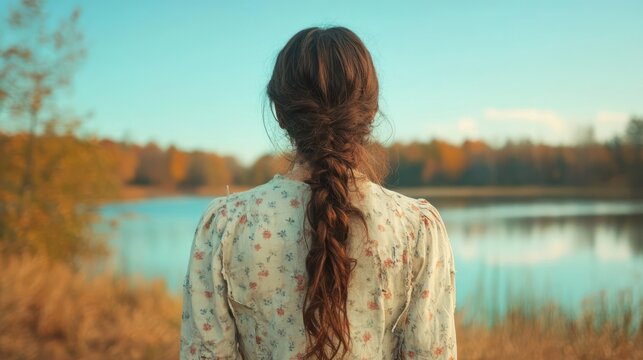 Back view of a serene woman with a braid contemplating nature by the lakeside - Powered by Adobe