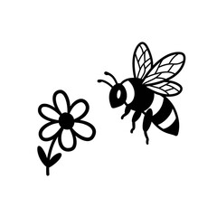 A stylized bee approaches a simple daisy flower.