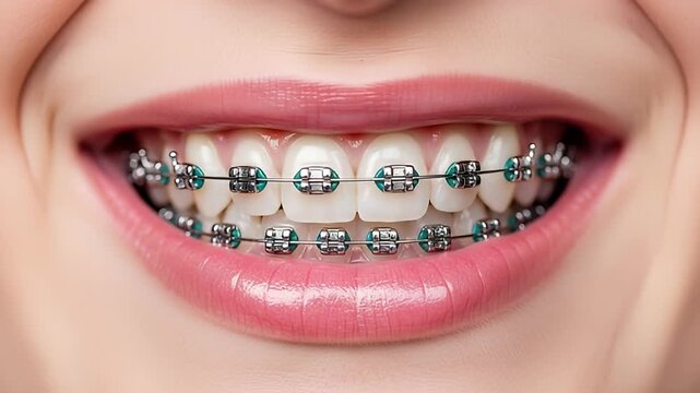 Close Up Portrait of Smiling Mouth with Dental Braces Orthodontic Treatment Metal Wires and Ceramic Brackets with Turquoise Rubber Ligatures Dental Health Concept