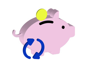 Simple 3D illustration of a piggy bank icon with arrows in a round blue color. Transparent background in PNG format.