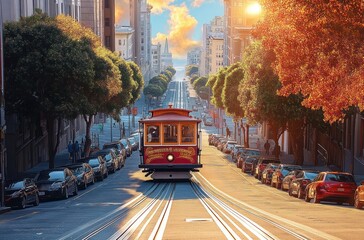 Fototapeta premium Vintage cable car traveling up a steep city street lined with parked cars and green and autumn trees under a colorful sunset sky