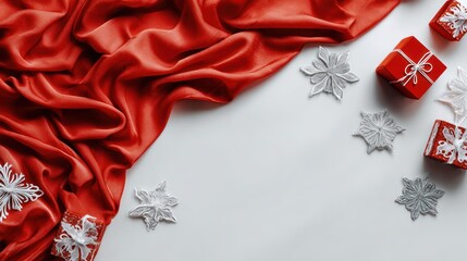Festive Red Satin Fabric with Silver Holiday Decorations and Gift Boxes