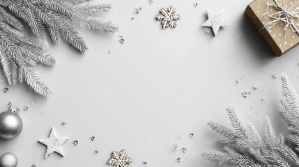 Festive Silver and Gold Christmas Decorations with Gift Box and Snowflakes on White Background