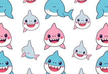 Seamless vector pattern featuring adorable cartoon shark fins in playful pastel colors on a light background, seamless, sea creature