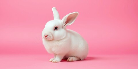 Pink backdrop, fluffy white rabbit joyfully bouncing,  bounce,  energy