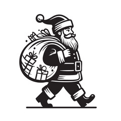 Walking Santa Claus Silhouette with Gift Sack Vector Illustration