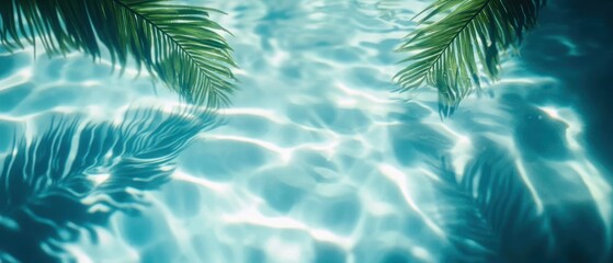 clear blue water with sunlight reflections and shadows of palm leaves creating a tropical and serene atmosphere