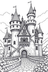 Fototapeta premium Black and white medieval castle illustration