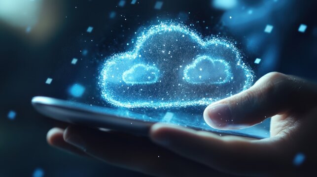 Hand interacts with smartphone, cloud computing graphic overlay, digital technology background