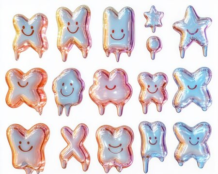 Collection of colorful shiny star and abstract shaped balloons with happy and smiling faces on white background - Powered by Adobe