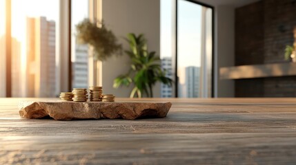 Obraz na płótnie Canvas Urban financial growth: Coins on stone symbolizing investment success with city view