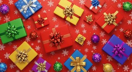 Colorful wrapped gifts with shiny ribbons and bows are placed on a bright red Christmas background with snowflakes and Christmas balls. Holiday concept