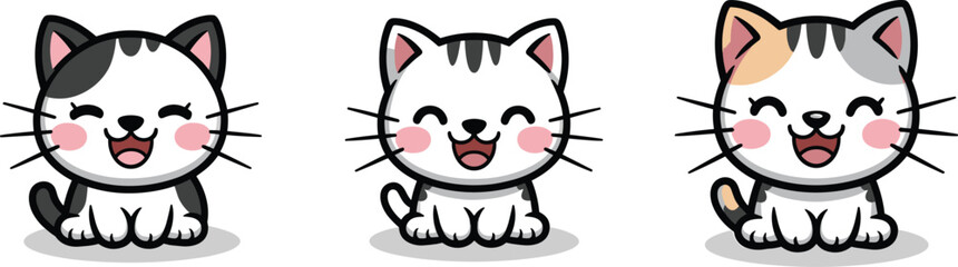 Three cheerful cartoon kittens with varied fur colors and happy expressions cute