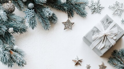 Festive Silver and White Christmas Decorations with Gift Box and Pine Branches
