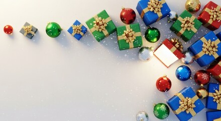 Scattered gift boxes with golden ribbons are placed among glossy Christmas balls on a snowy white background. Holiday concept