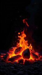 Intense heat radiating from glowing coals against a stark black backdrop Perfect for concepts of energy, fire, warmth, or abstract power , radiant, orange