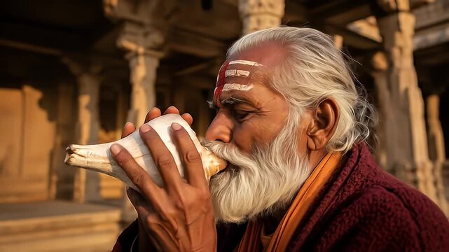 Older Man with White Beard Blowing Conch Shell in Temple Courtyard Under Warm Sunlight with Brick Facade and Detailed Columns in Religious Setting