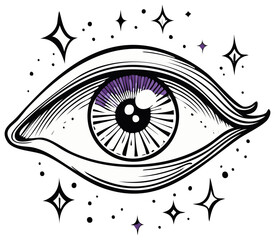 Mystical all seeing eye with a purple iris and celestial stars vector illustration