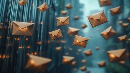 Numerous floating golden envelopes surrounded by a metallic blue background in a surreal and dynamic composition