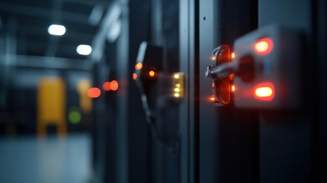 Detailed shot of server room equipment with illuminating lights emphasizing data infrastructure