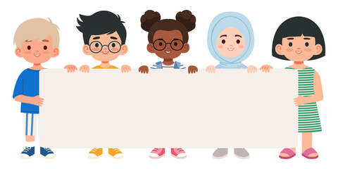 Smiling boys and girls standing together with empty sign for text, isolated on white background. Perfect for education, teamwork, announcements, presentations, multicultural projects and school