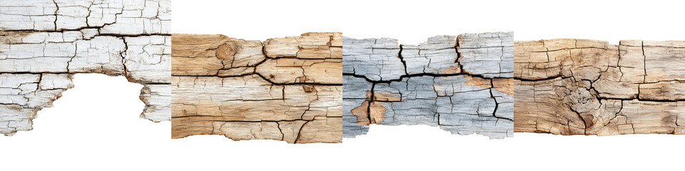 Fototapeta premium Weathered Wood Panel Collection: Rustic Textures on White Background