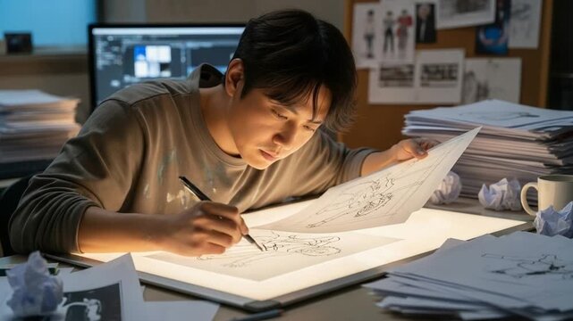 Focused Asian Artist Sketching Cartoon Characters at Illuminated Desk for Creative Projects and Digital Illustration Workflow