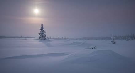 Obraz premium A snow covered landscape features a lone evergreen tree under a hazy sun in a serene, wintery scene.