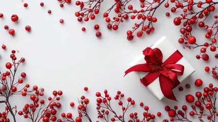 Festive White Gift Box with Red Ribbon Surrounded by Red Berries and Branches on White Background
