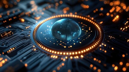 Digital futuristic concept showing a glowing blue dome with data points surrounded by a circular ring of orange lights on a dark circuit board background conveying advanced technology