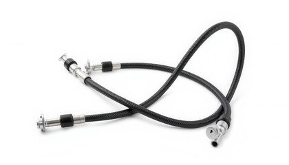 Industrial air hose with metal fittings on white background