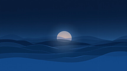A minimalist digital illustration of a full moon rising over calm, rolling blue waves at night.