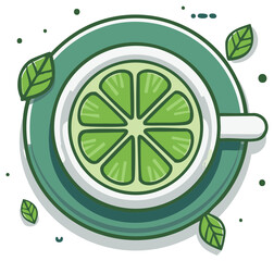 Obraz premium Green beverage with citrus slice and fresh mint leaves in a tea cup illustration