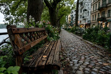 Wooden bench beside cobblestone path lined with trees and buildings rustic