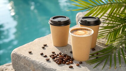 A peaceful morning with three disposable coffee cups, surrounded by coffee beans and lush tropical greenery, set against a blurred poolside background.

