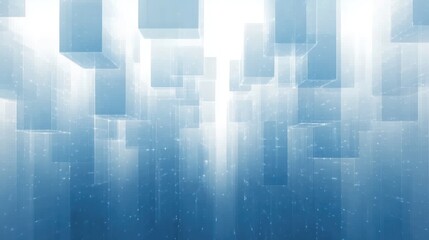 Abstract digital scene with multiple translucent blue 3D rectangular prisms floating and stacked in a glowing ambient space, evoking a futuristic atmosphere