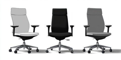 Obraz premium Three modern ergonomic office chairs with adjustable armrests and high backs in a row on caster wheels, showing a mix of black and gray upholstery against a white background