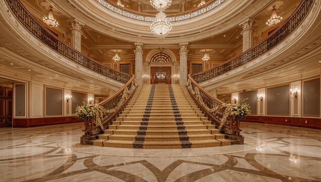 Ballroom with a grand staircase draped in sparkling lights, featuring intricate architectural details. - Powered by Adobe