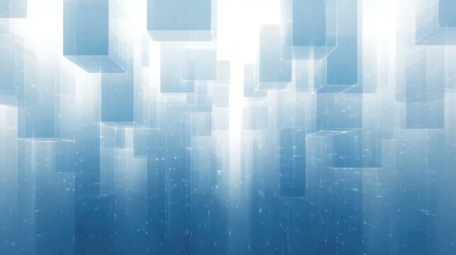 Abstract digital scene with multiple translucent blue 3D rectangular prisms floating and stacked in a glowing ambient space, evoking a futuristic atmosphere