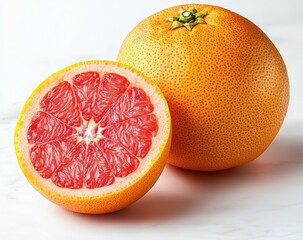Whole and halved ripe grapefruit with bright orange skin and juicy pink segmented interior on a white surface