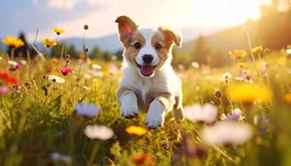 Joyful Puppy in a Flower Meadow