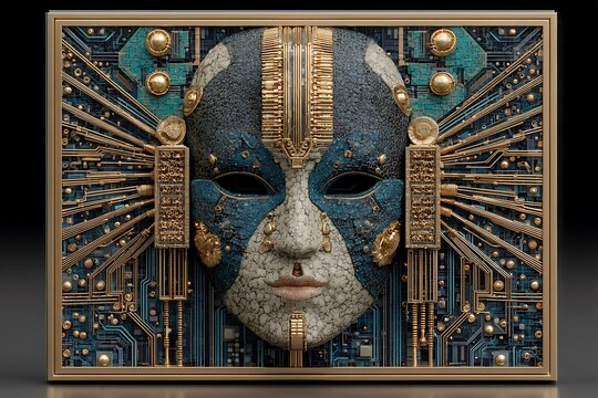 Ancient futuristic mask intricate gold circuitry blue mosaic image