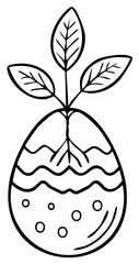 Simple line art drawing of a plant sapling with roots in a broken eggshell spring growth symbol