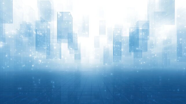 Futuristic digital blue background with transparent floating rectangles and glowing light particles over a grid floor