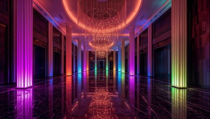 Grand Ballroom styled with futuristic LED light decorations illuminating the space in a vibrant array of colors.