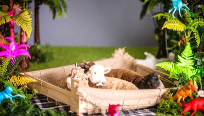 Indoor photo backdrop with green plants and checkered fabric decoration, simple studio setup