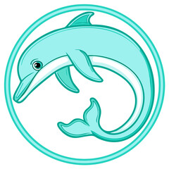 Obraz premium A cute cartoon dolphin jumping playfully inside a circular teal frame vector illustration