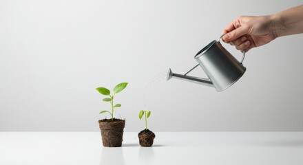 Watering Can Nurturing Small Green Seedling Plants on Bright White Surface