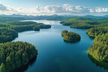 Obraz premium Aerial view of a calm lake surrounded by dense green forest islands and distant mountain ranges under a partly cloudy sky