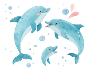 cute Watercolor marine dolphin animals